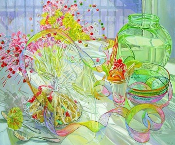 Flores florecientes y artículos de vidrio. Realismo de JF. Naturaleza muerta. Pinturas al óleo